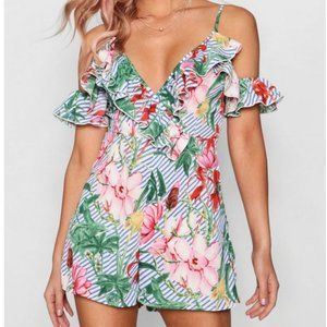 Boohoo Stripe Floral Ruffle Cold Shoulder Romper